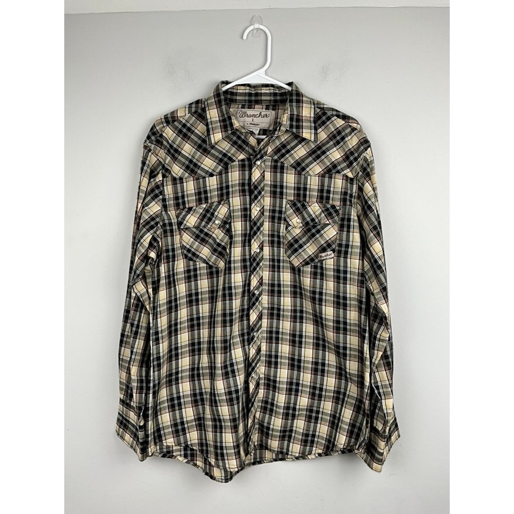 Wrancher by Wrangler Western Long Sleeve Snap Button Shirt Large Beige Black Red